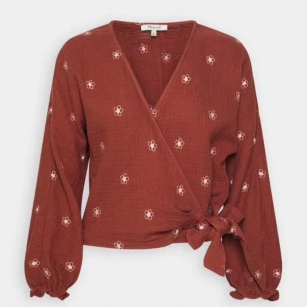 (A8) Madewell Lightspun Maira Wrap Top Embroidered Floral Long Sleeve, XXS, NWT - Picture 4 of 6